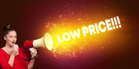 Young woman yelling to loudspeaker with LOW PRICE!!! inscription, modern media concept