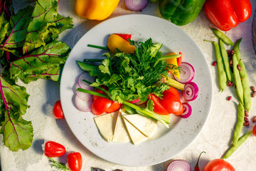 Vegetarian food, vegetables and cheese on a plate, pepper, onions, greens and tomatoes on a festive table