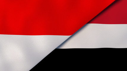 The flags of Indonesia and Yemen. News, reportage, business background. 3d illustration