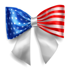 Fototapeta na wymiar Big bow made of ribbon in USA flag colors with shadow on white background