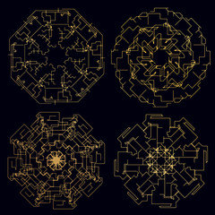 Decorative ornate snowflake looking like Indian round lace mandala. Vintage  pattern. Invitation, wedding card, scrapbooking. Christmas card design. Gold over black.