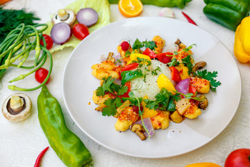 beautiful salad with rice and vegetables, healthy food