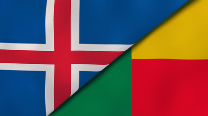 The flags of Iceland and Benin. News, reportage, business background. 3d illustration