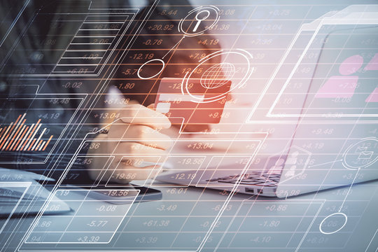 Double exposure of woman on-line shopping holding a credit card and data theme hologram drawing. E-commerce concept.