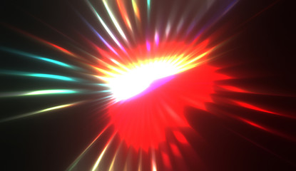 Spectacular light show. Colorful and vibrant particle explotion with glowing rays of light. Multicolored star burst.