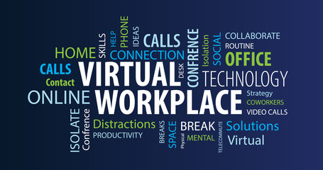 Virtual Workplace Word  Cloud on a Blue Background