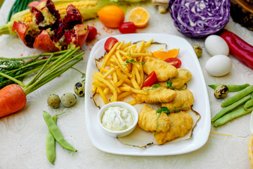 Breaded chicken with French fries and sauce