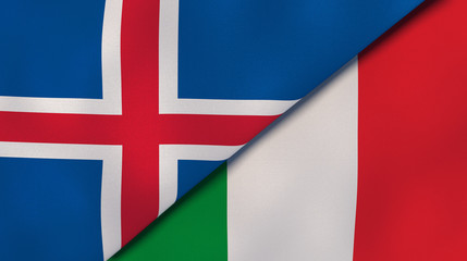 The flags of Iceland and Italy. News, reportage, business background. 3d illustration