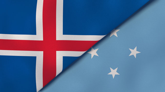 The flags of Iceland and Micronesia. News, reportage, business background. 3d illustration