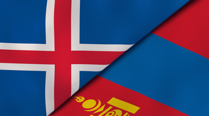 The flags of Iceland and Mongolia. News, reportage, business background. 3d illustration