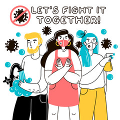 Let's fight it together. Covid hygiene promotion with wearing a face mask, sanitizing and washing hands. Motivational poster.