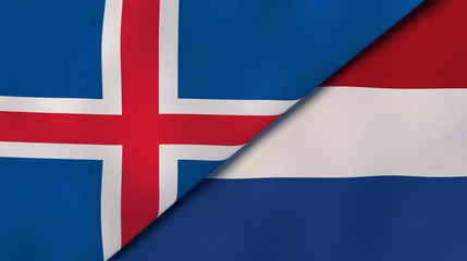 The flags of Iceland and Netherlands. News, reportage, business background. 3d illustration