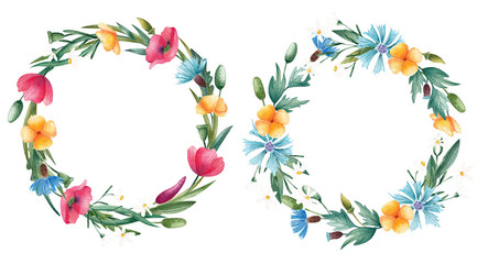 Watercolor wildflower wreath, hand-painted, wedding invitation, frame, poppy, summer