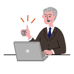 スーツ　男性　シニア　士業　パソコン　親指を立てる