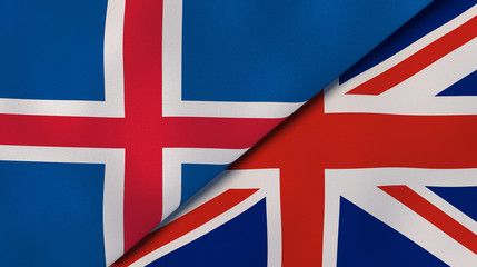 The flags of Iceland and United Kingdom. News, reportage, business background. 3d illustration