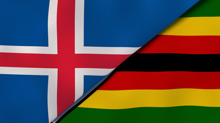 Fototapeta premium The flags of Iceland and Zimbabwe. News, reportage, business background. 3d illustration