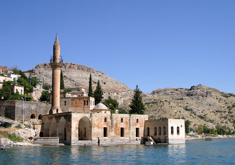Mosque at sunken village Savasan in Euphrates River (Firat), Halfeti, Gaziantep, Turkey.