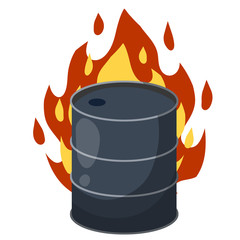Barrel of oil. Burning fossil fuels. Petroleum packaging. Fire in gasoline Tank. Resource crisis. Accident and flames. Cartoon flat illustration