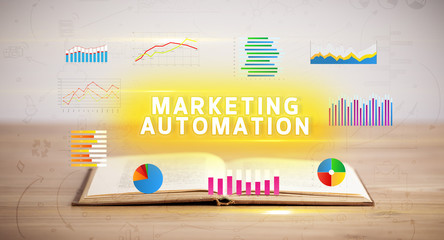 Open book with MARKETING AUTOMATION inscription, new business concept