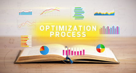 Open book with OPTIMIZATION PROCESS inscription, new business concept