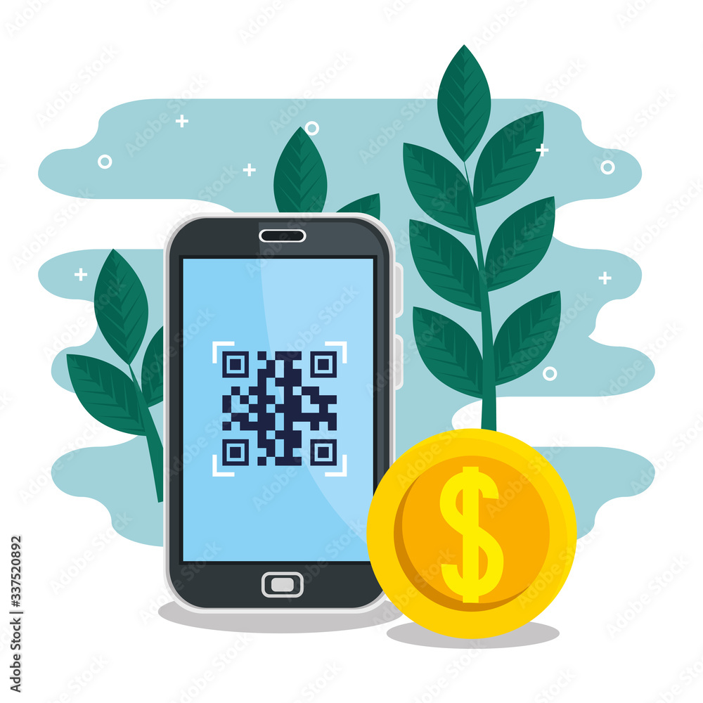 Poster qr code inside smartphone leaves and coin design of technology scan information business price commu