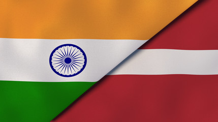 The flags of India and Latvia. News, reportage, business background. 3d illustration