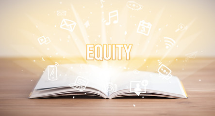 Opeen book with EQUITY inscription, business concept