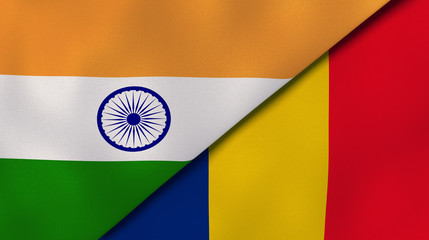 Obraz premium The flags of India and Romania. News, reportage, business background. 3d illustration