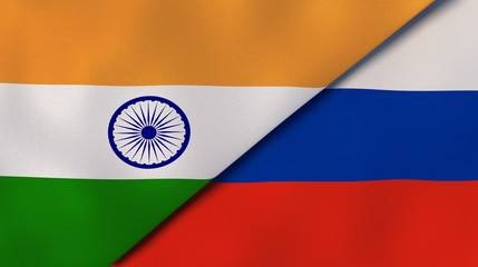 The flags of India and Russia. News, reportage, business background. 3d illustration