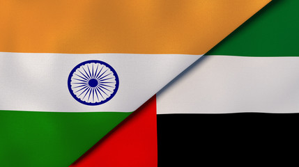 The flags of India and United Arab Emirates. News, reportage, business background. 3d illustration