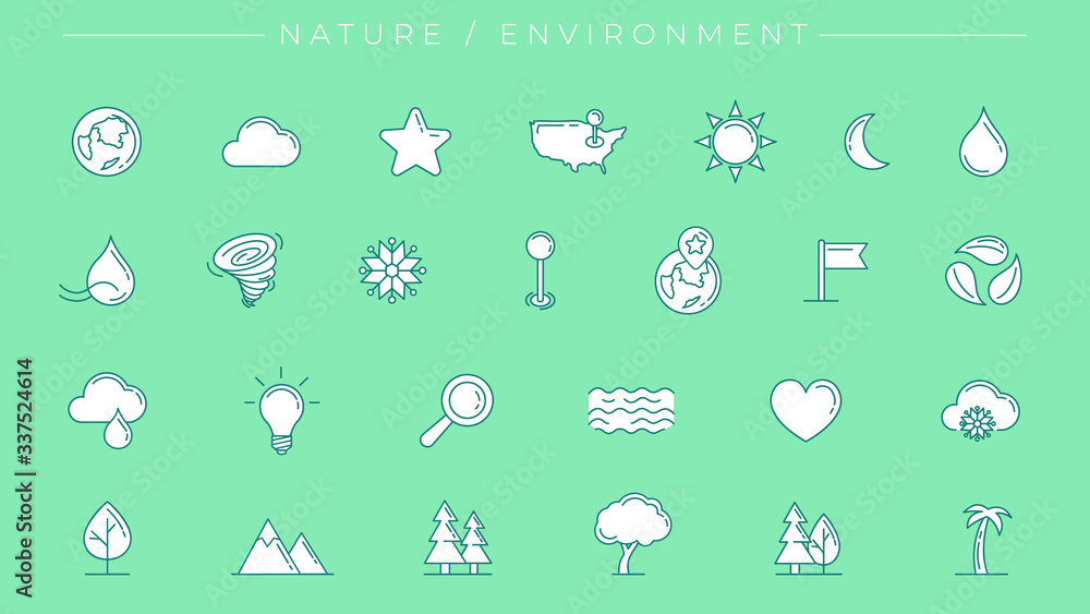 Poster nature and environment concept line style vector icons set