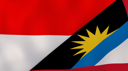 The flags of Indonesia and Antigua and Barbuda. News, reportage, business background. 3d illustration
