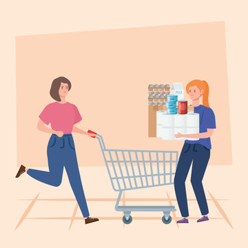 Women And Cart Shopping With Excess Groceries Vector Illustration Design