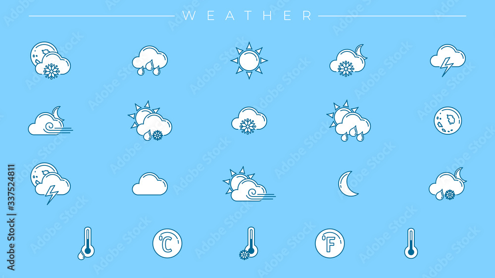 Poster weather concept line style vector icons set