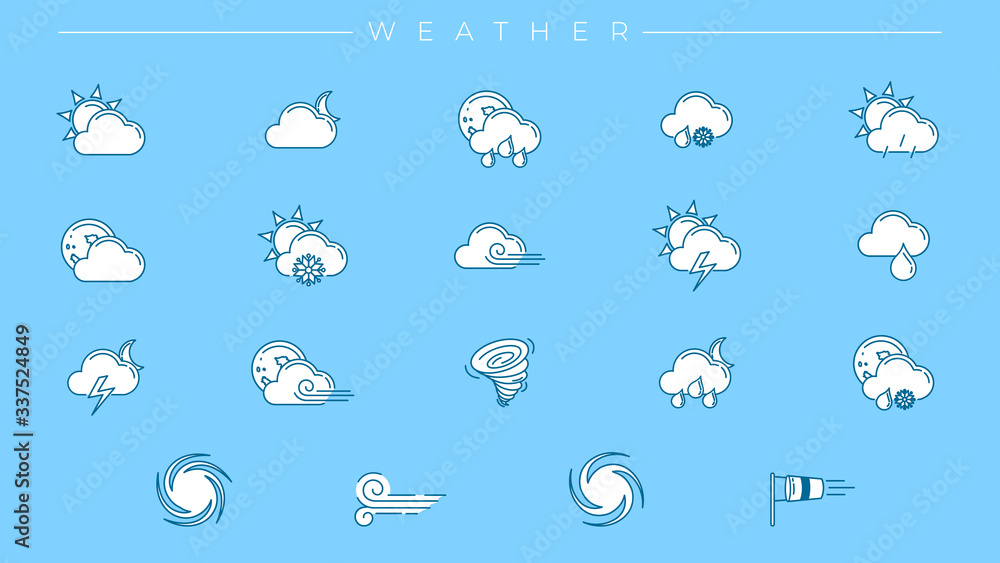 Poster weather concept line style vector icons set