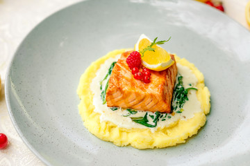 fried fish with mashed potatoes and cream sauce