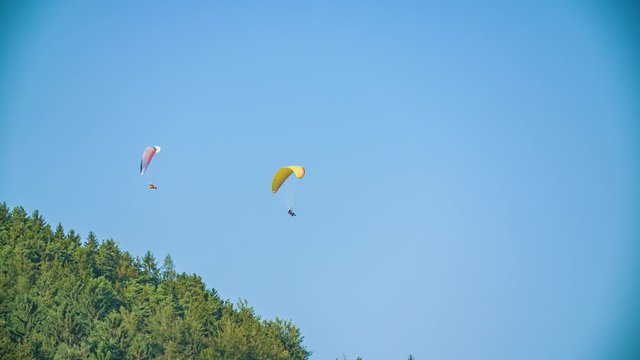 Para plane drifting above the green tropical trees. Extreme sport. Hipster modern hobby concept. Para plane flying in the sky.