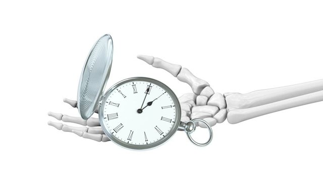 The clock in skeletal hand. Looping footage. 3D Illustration.