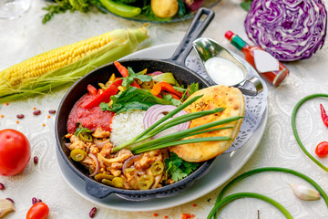fried chicken with rice and pepper