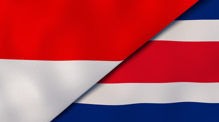 The flags of Indonesia and Costa Rica. News, reportage, business background. 3d illustration