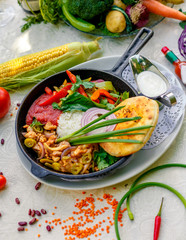 fried chicken with rice and pepper