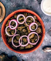 leaves dolma with sliced onions