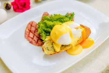 breakfast with garlic cheese bread, with egg salad leaves and bacon