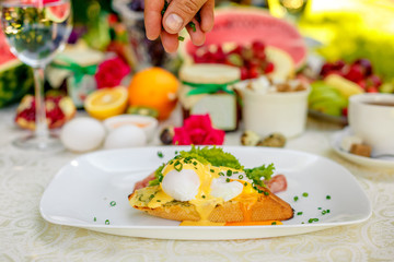 breakfast with garlic cheese bread, with egg salad leaves and bacon