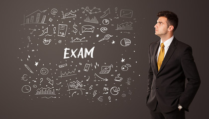 Businessman thinking with EXAM inscription, business education concept