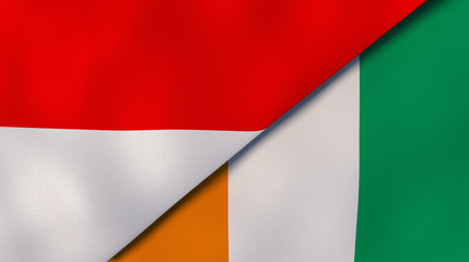 The flags of Indonesia and Ivory Coast. News, reportage, business background. 3d illustration