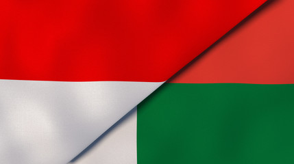 The flags of Indonesia and Madagascar. News, reportage, business background. 3d illustration