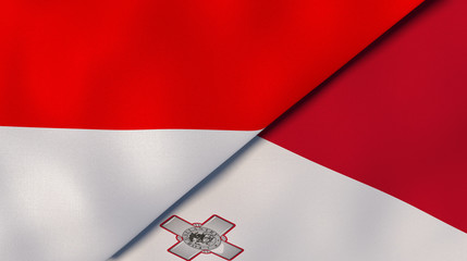 The flags of Indonesia and Malta. News, reportage, business background. 3d illustration
