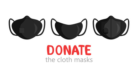Vector illustration of set of cloth black masks isolated. Clothes donation of reusable respirator protective face wear. Concept design of safety PPE in cartoon flat style. Healthcare and social help