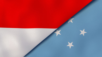 The flags of Indonesia and Micronesia. News, reportage, business background. 3d illustration